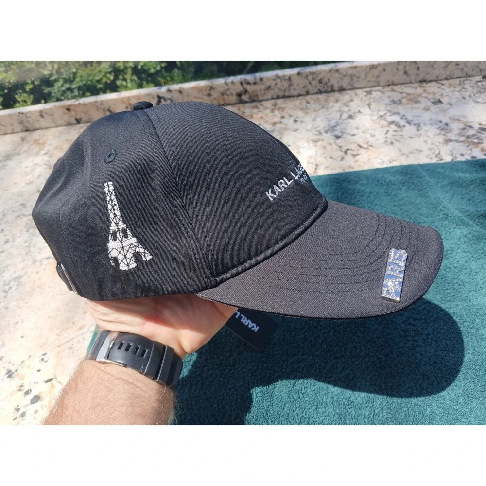 Karl Lagerfeld Hat Cap‎ Womens Black Baseball Rhinestone Pin Bling Designer New